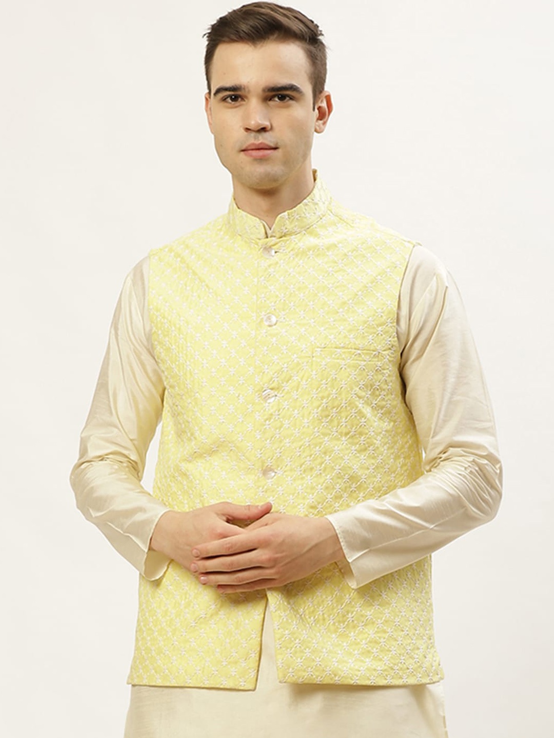 

Jompers Men Yellow Embroidered Regular Fit Nehru Jacket