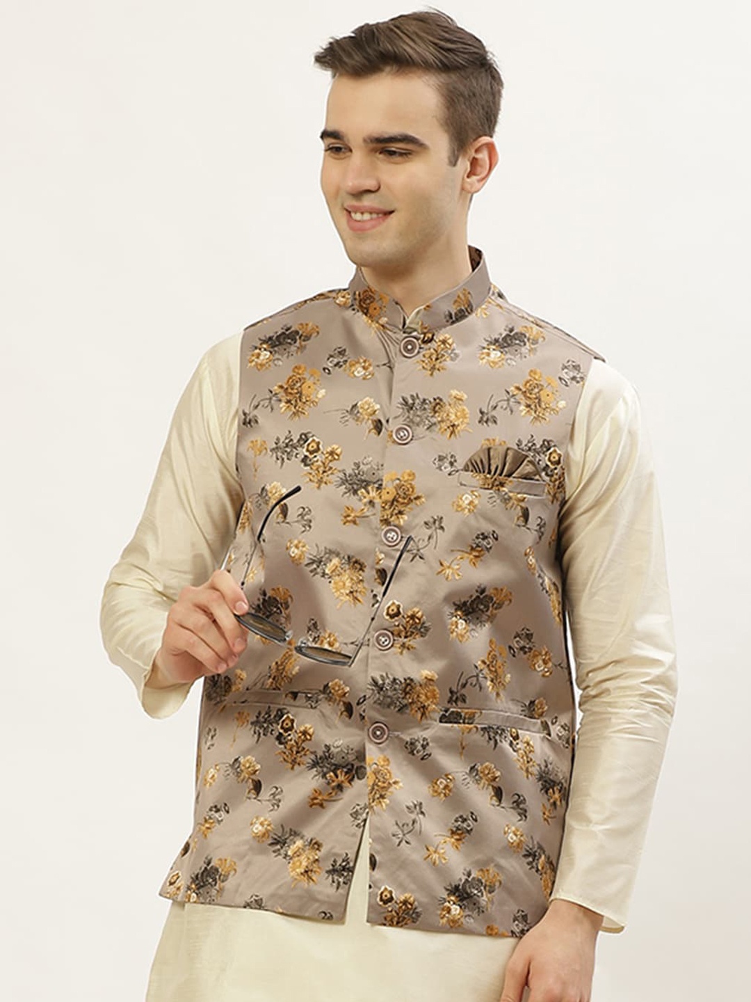 

Jompers Men Grey Floral Printed Nehru Jacket