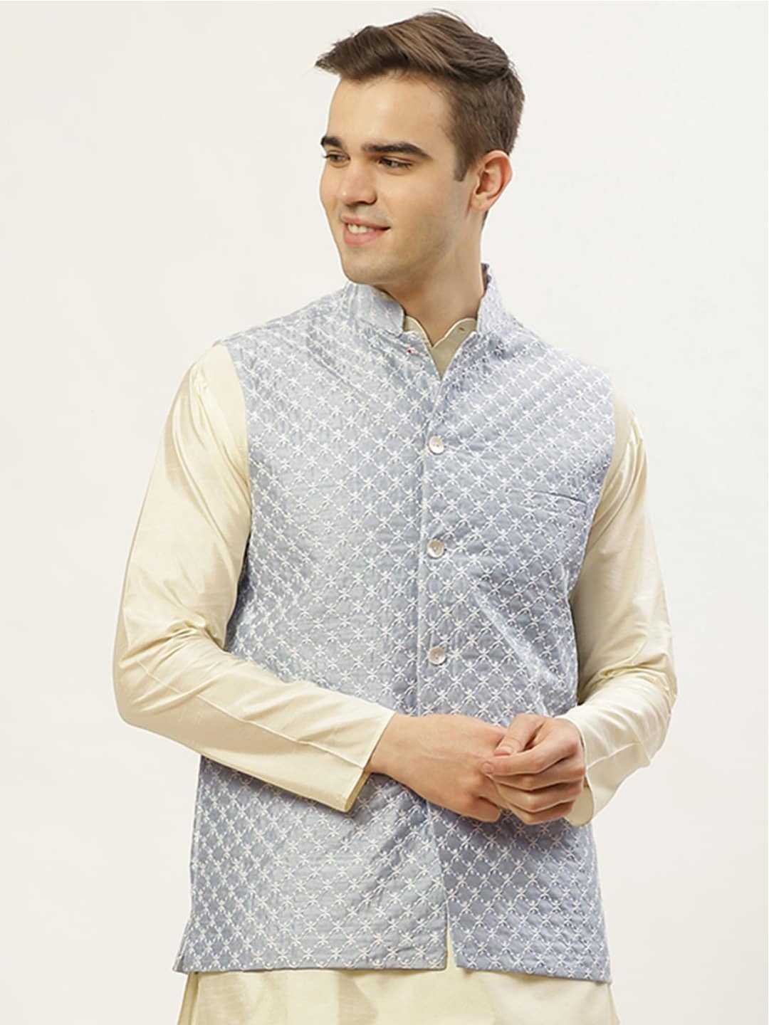 

Jompers Men Grey Embroidrerd Nehru Jacket