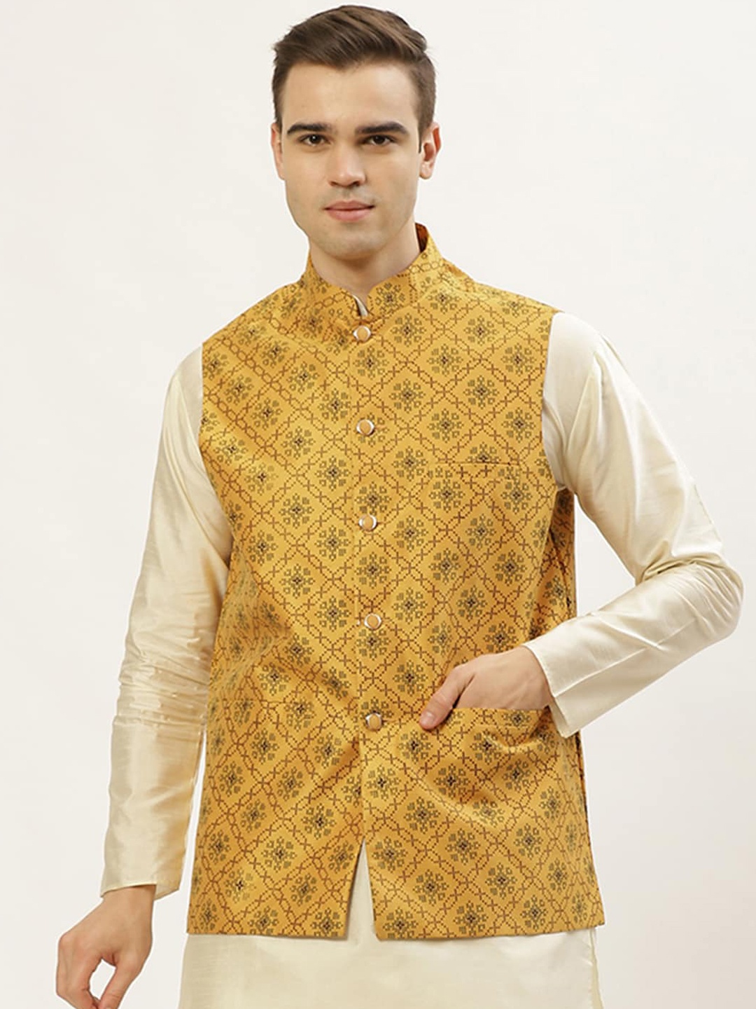 

Jompers Men Mustard Yellow Ethnic Motif Printed Regular Fit Nehru Jacket