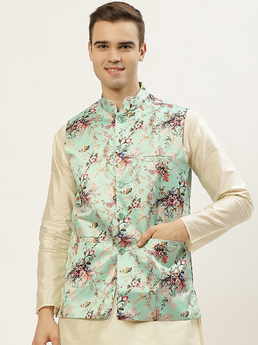 

Jompers Men Lime Green Floral Printed Waistcoat
