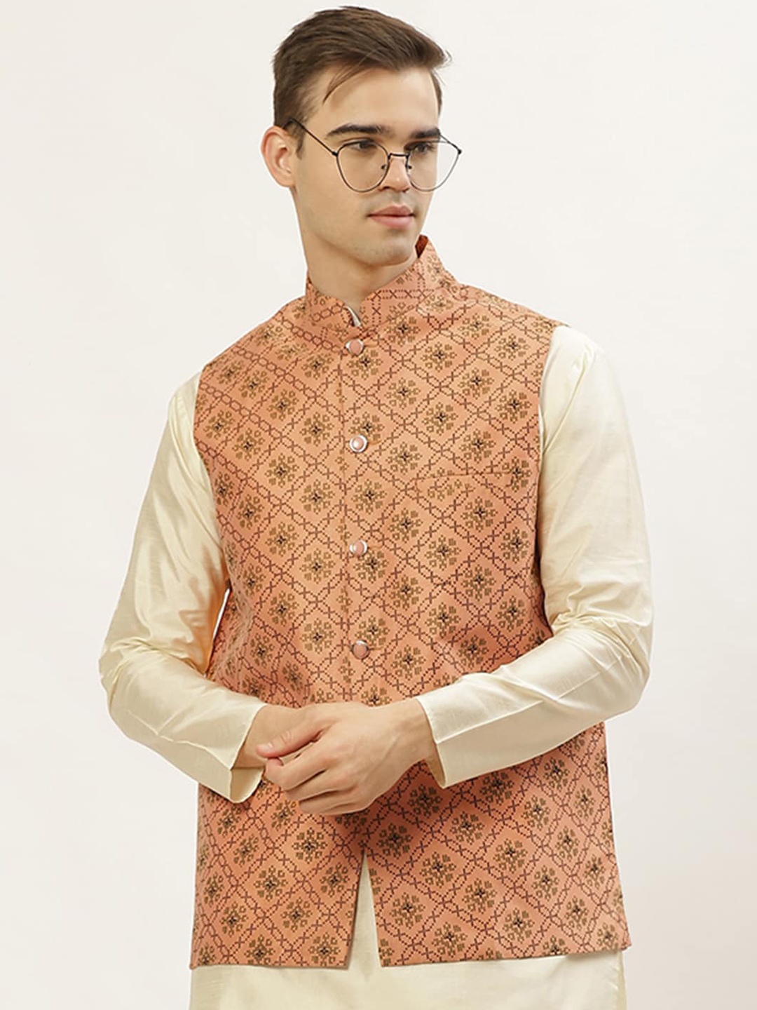 

Jompers Men Orange Printed Nehru Jacket