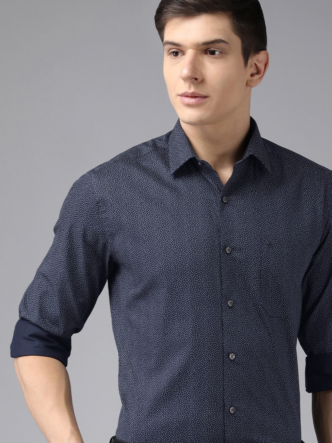 

Arrow Men Navy Blue & White Original Slim Fit Printed Pure Cotton Formal Shirt