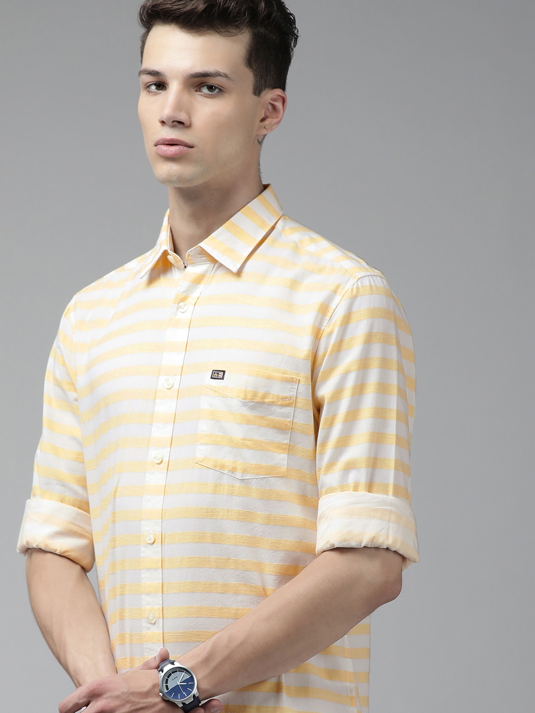 

Arrow Sport Men Yellow & White Original Slim Fit Striped Pure Cotton Casual Shirt