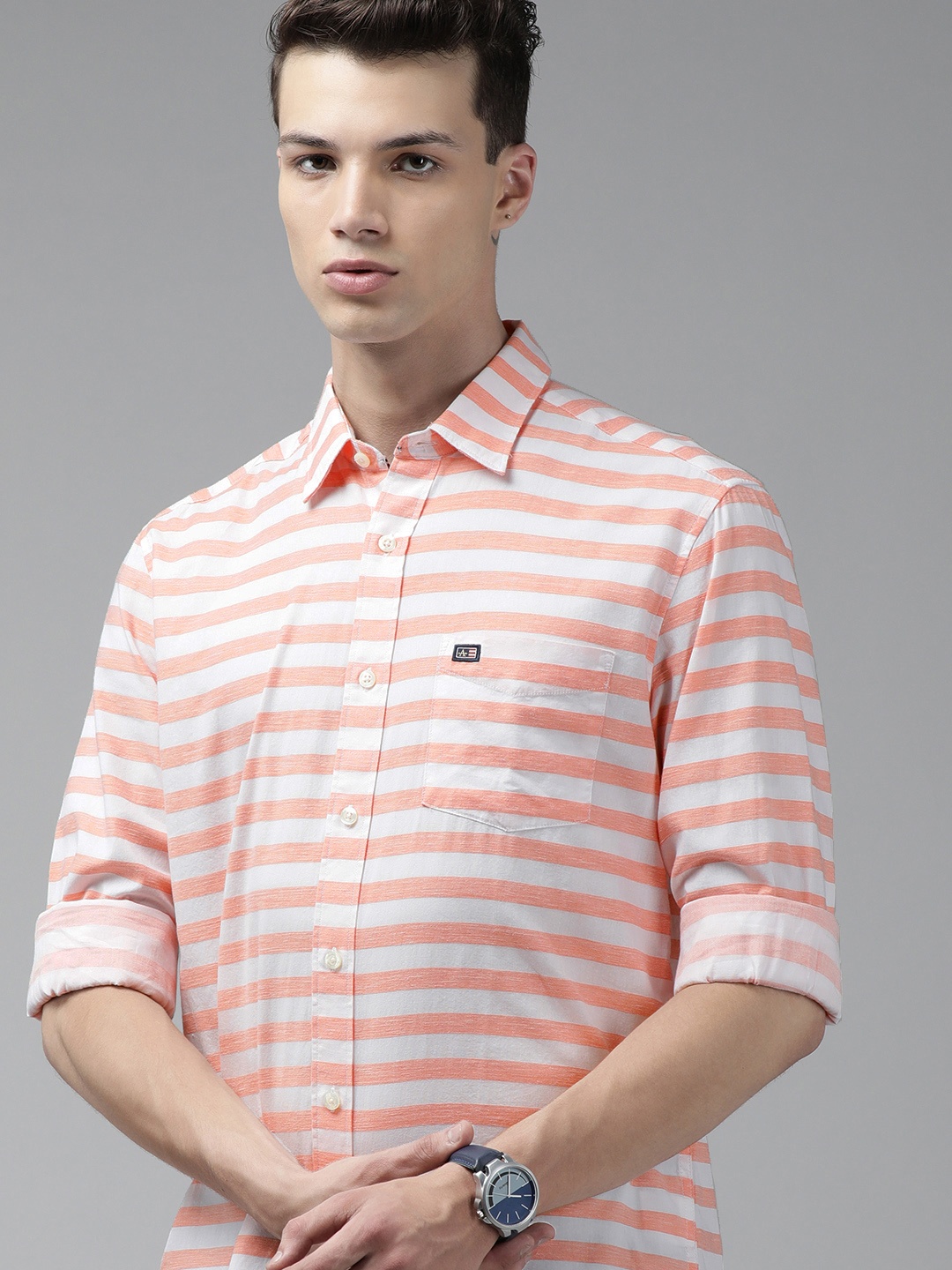 

Arrow Sport Men White & Orange Slim Fit Horizontal Striped Pure Cotton Casual Shirt