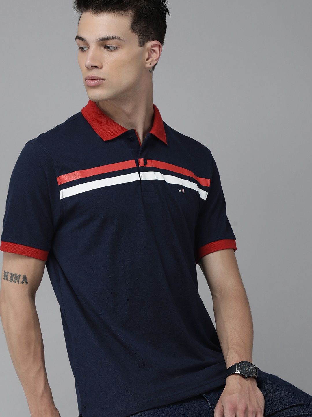 

Arrow Sport Men Navy Blue Polo Collar T-shirt