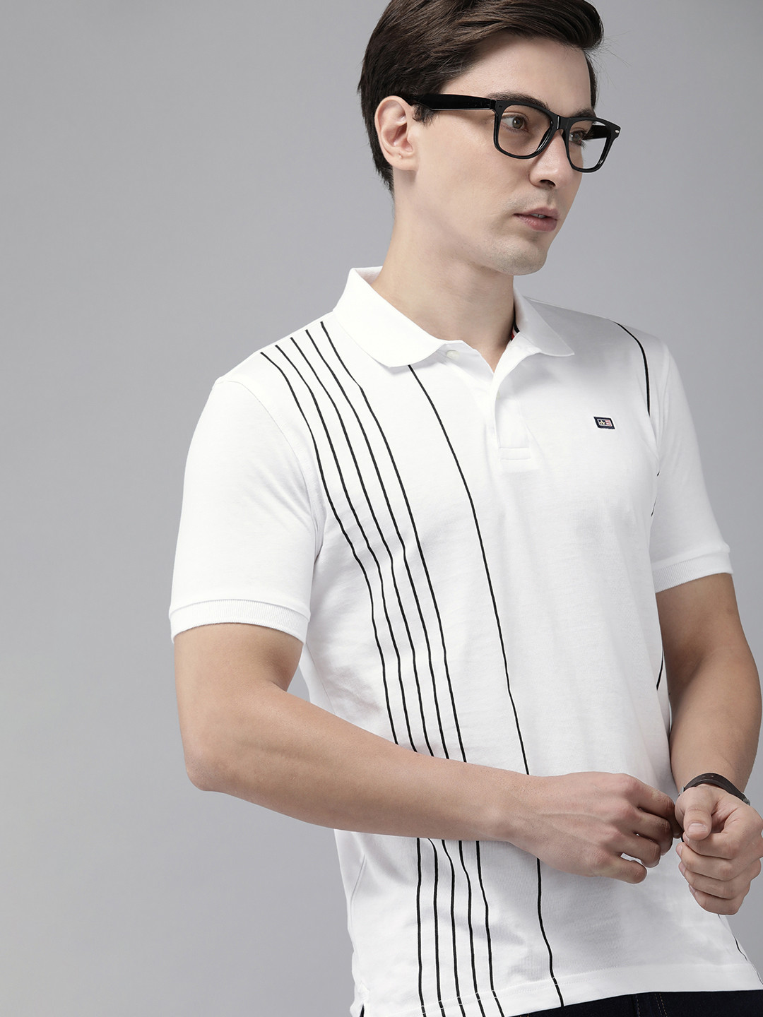 

Arrow Sport Men White & Black Striped Polo Collar Pure Cotton T-shirt