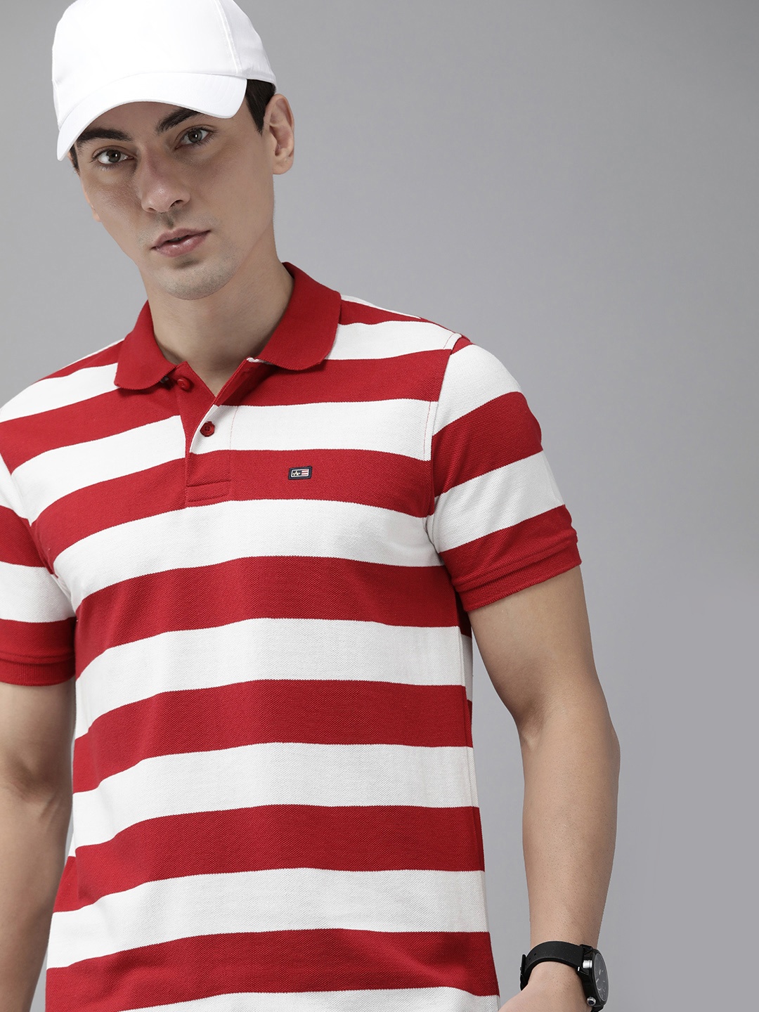 

Arrow Sport Men Red & White Striped Polo Collar T-shirt