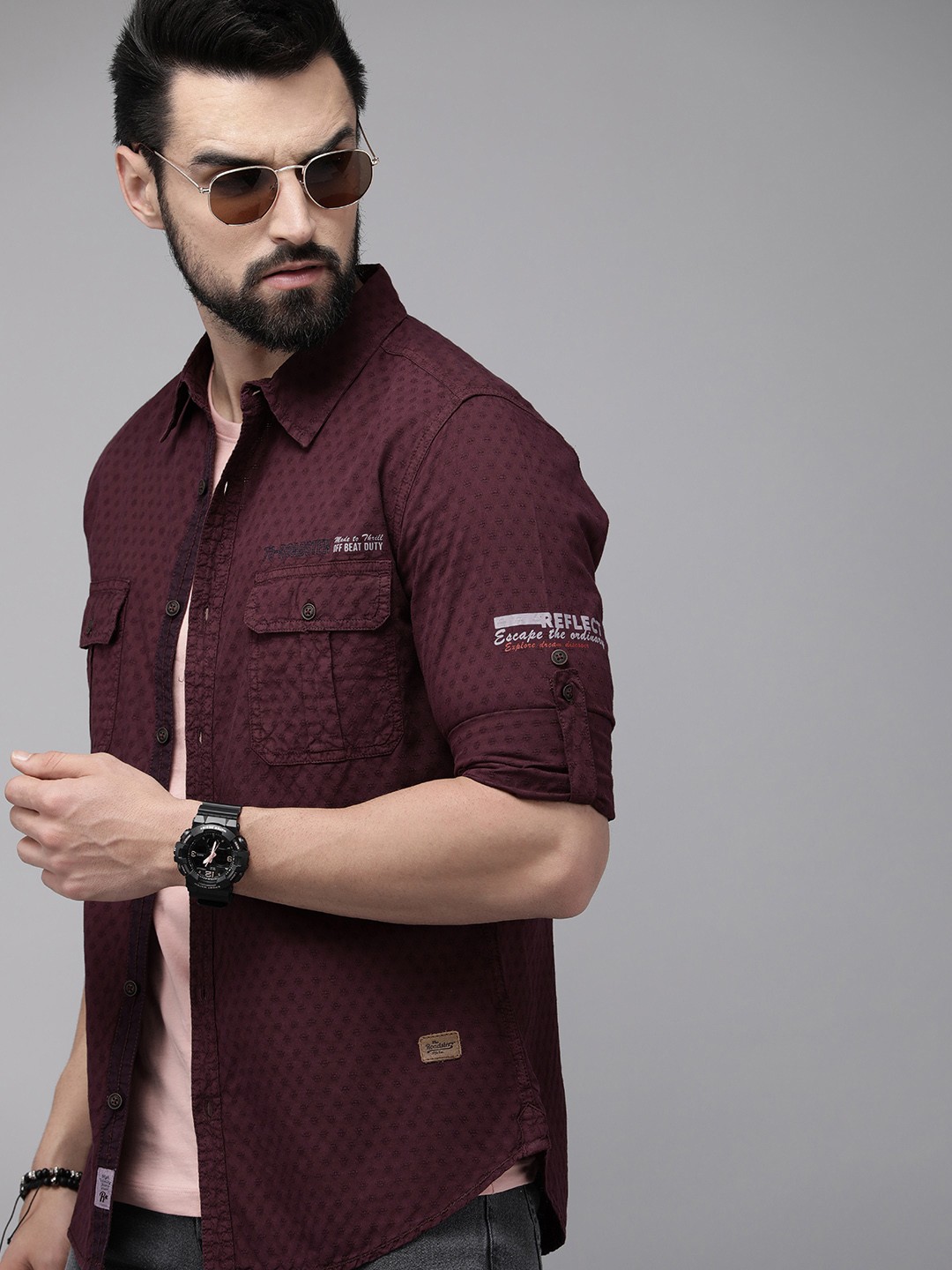 

The Roadster Lifestyle Co. Men Maroon Self-Design Pure Cotton Casual Shirt