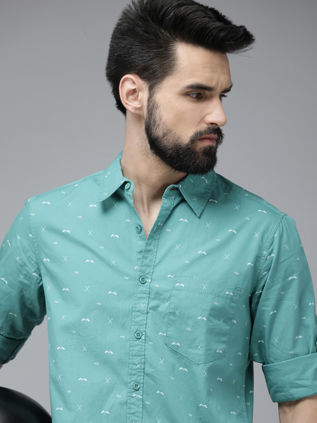 

The Roadster Lifestyle Co. Men Sea Green Printed Slim Fit Pure Cotton Casual Shirt, Blue