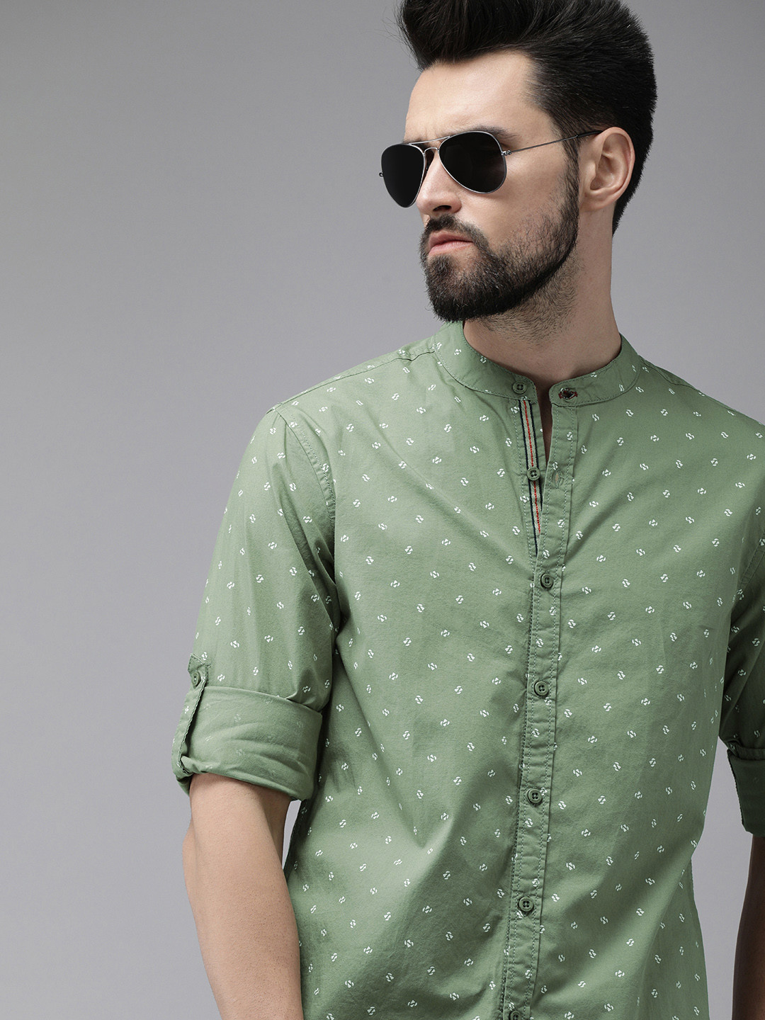 

Roadster Men Olive Green & White Printed Casual Pure Cotton Shirt