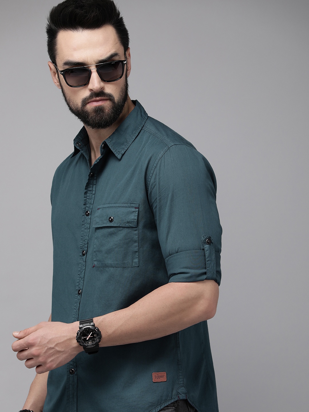

The Roadster Life Co. Men Teal Green Solid Pure Cotton Casual Shirt