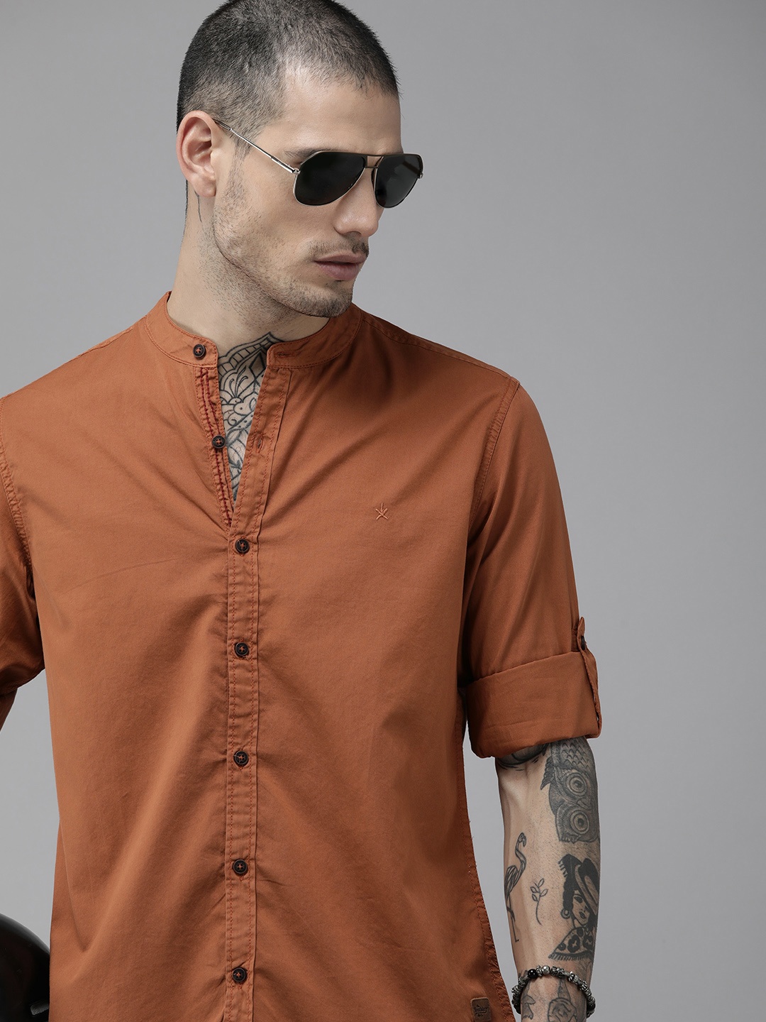 

Roadster Men Rust Orange Mandarin Collar Pure Cotton Solid Casual Shirt