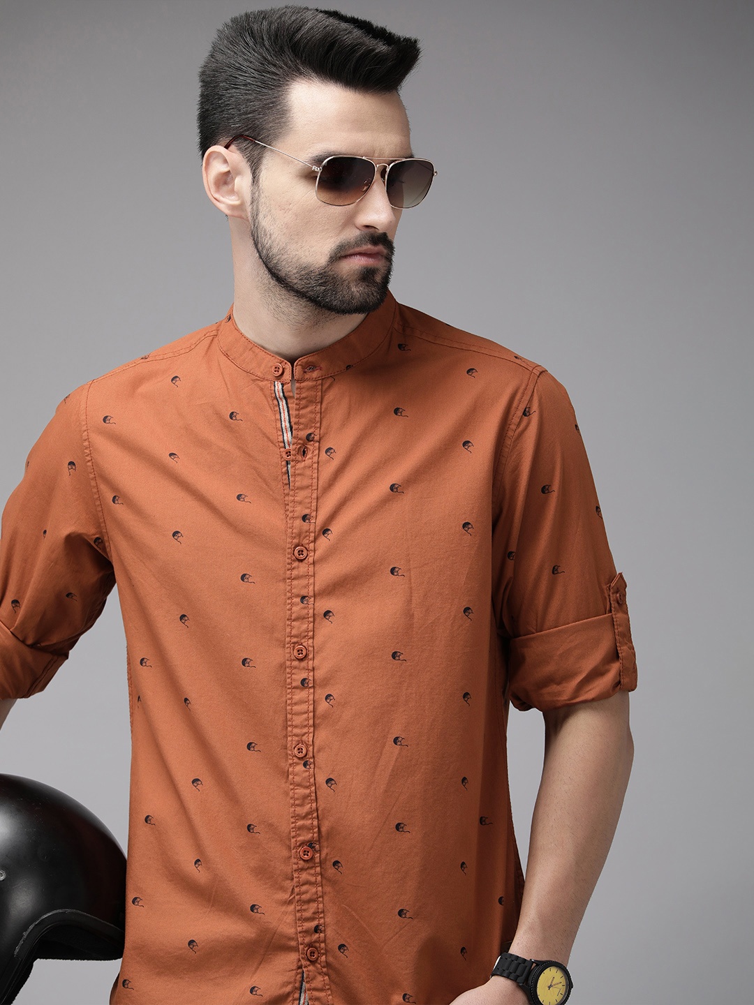 

Roadster Men Brown Printed Pure Cotton Casual Shirt