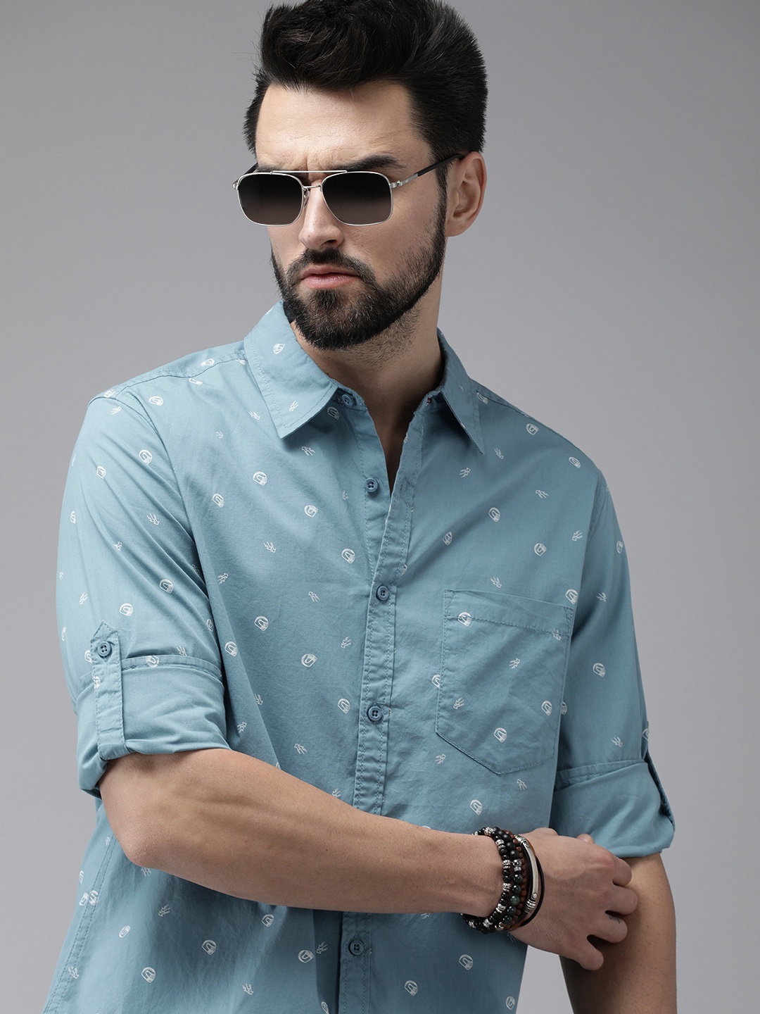 

Roadster Men Blue & White Printed Sustainable Casual Pure Cotton Shirt