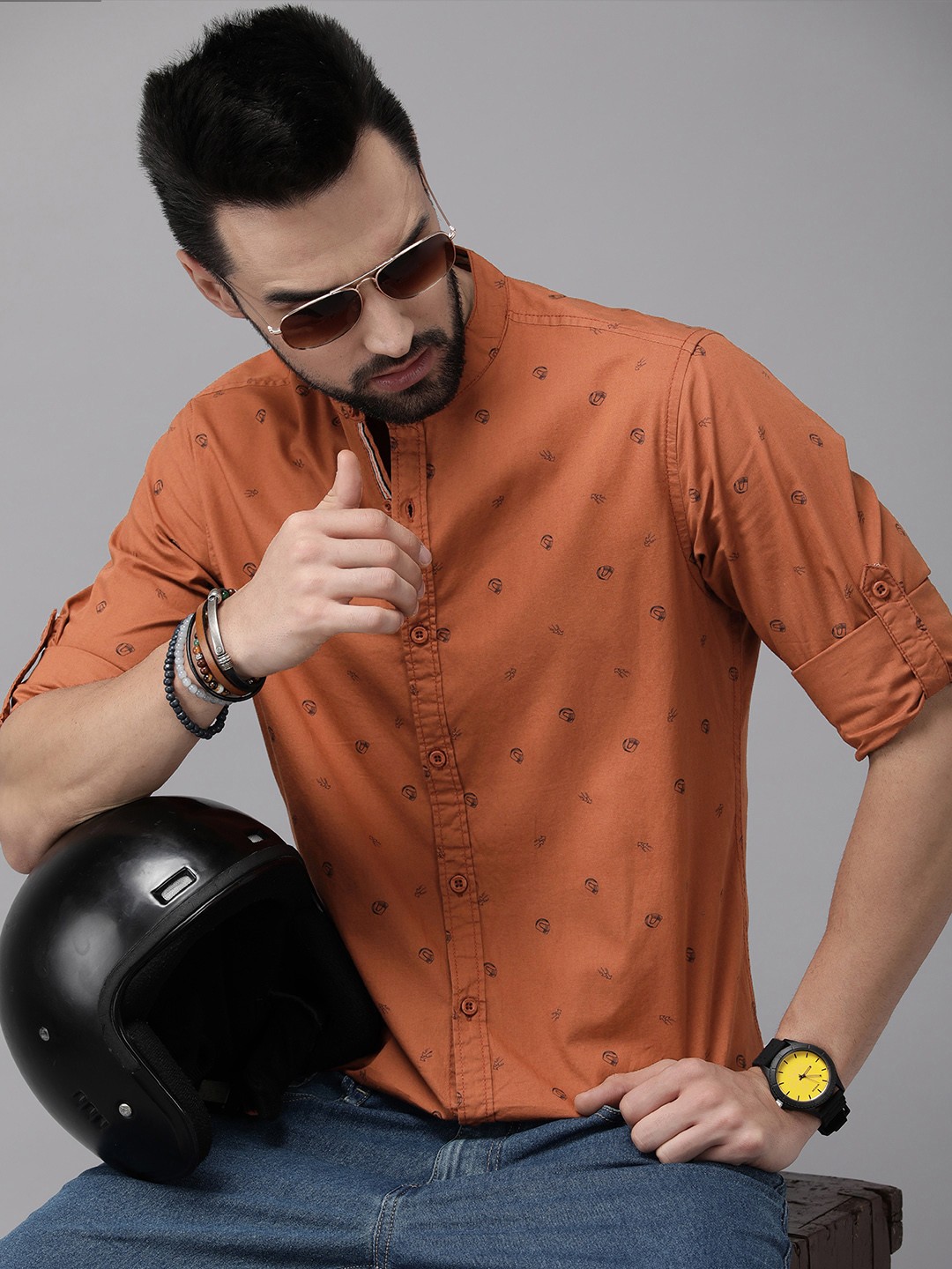

Roadster Men Brown Printed Pure Cotton Casual Shirt