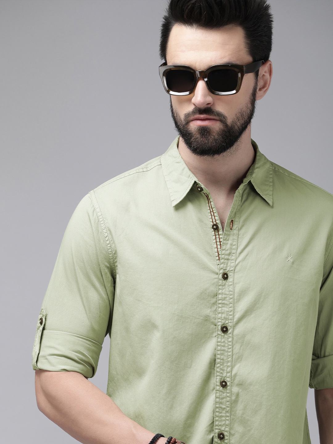 

The Roadster Life Co. Men Light Green Solid Pure Cotton Casual Shirt