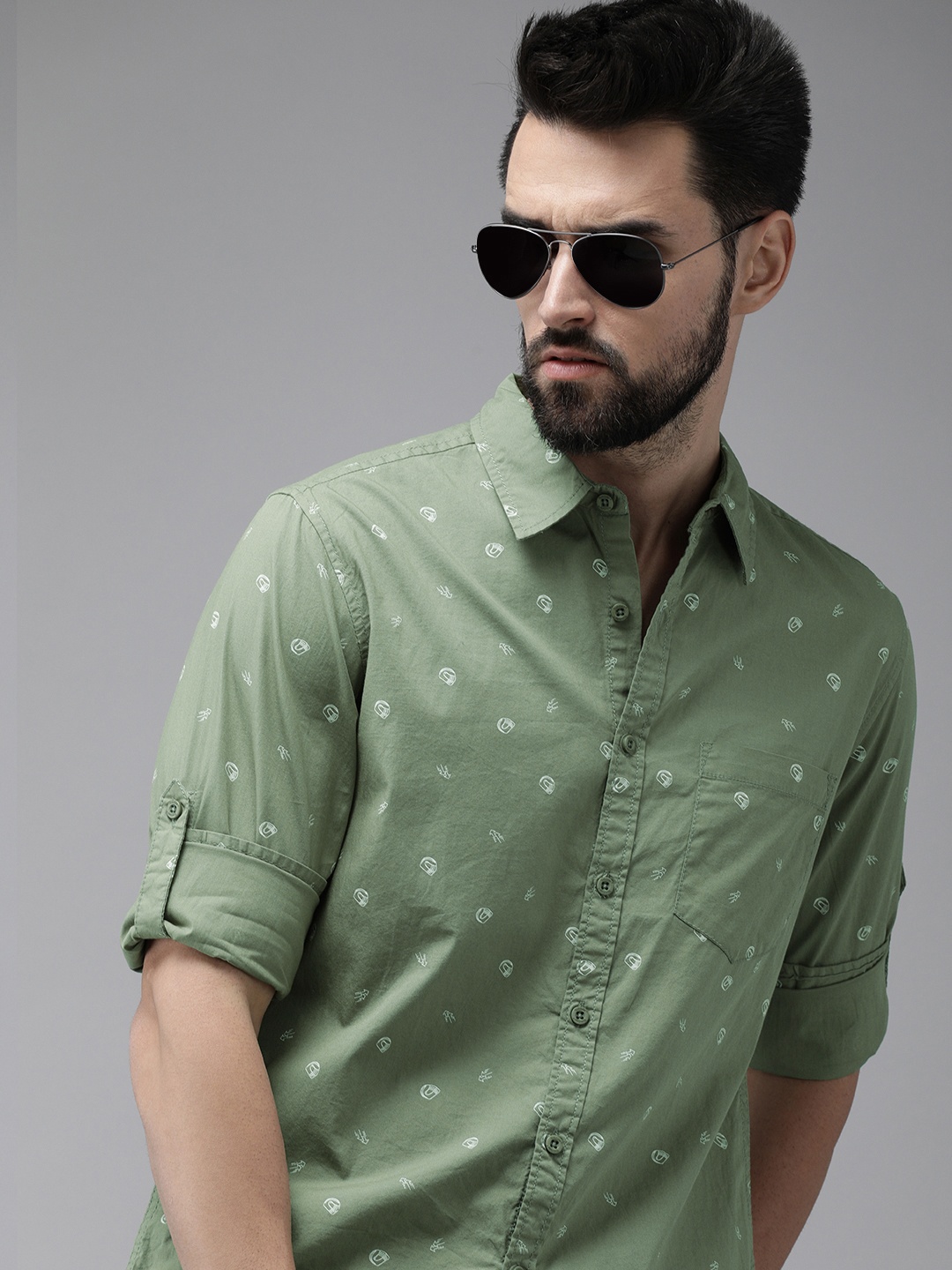 

Roadster Men Olive Green & White Printed Casual Pure Cotton Shirt