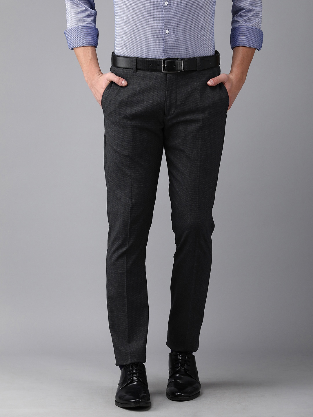 Arrow Men Navy Blue Self Design Tailored Fit Formal Trouser