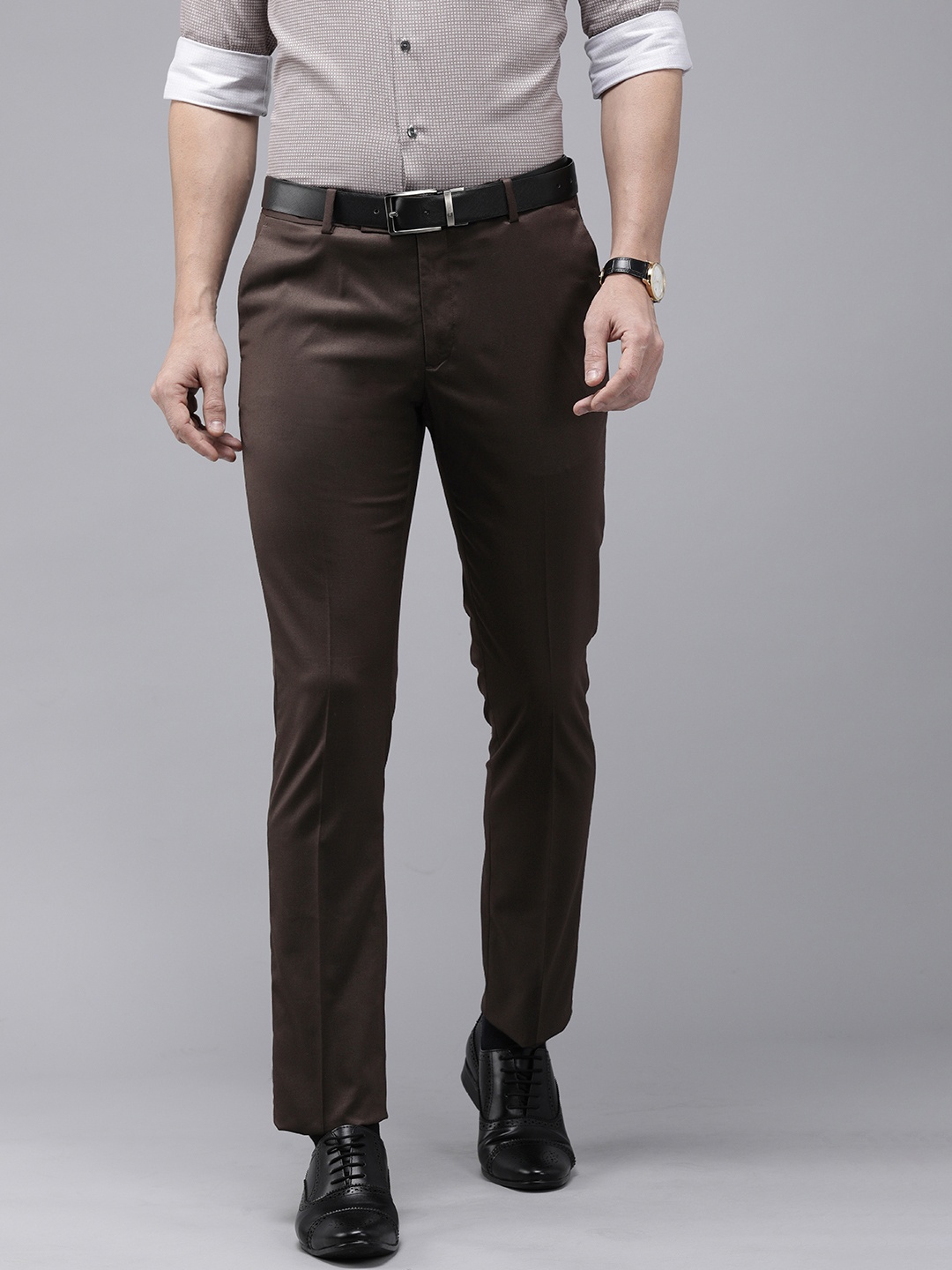 

Arrow Men Dark Brown Solid Tailored Fit Formal Trousers