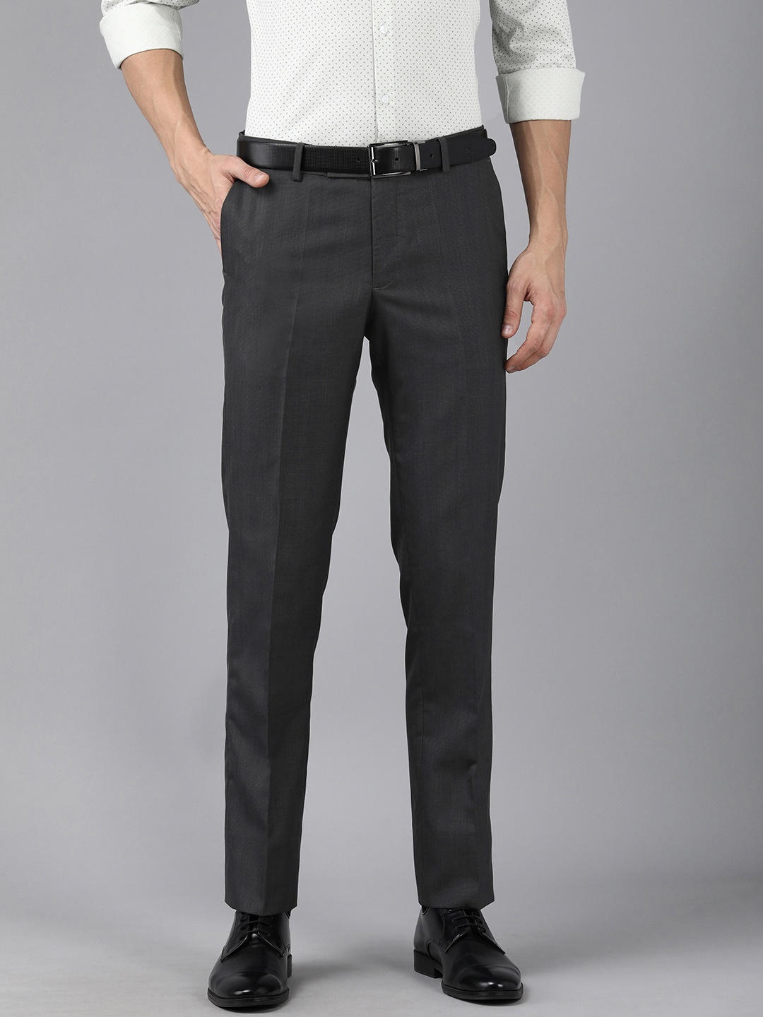 

Arrow Men Dark Grey Self Design Mid-Rise Tailored Fit Formal Trousers