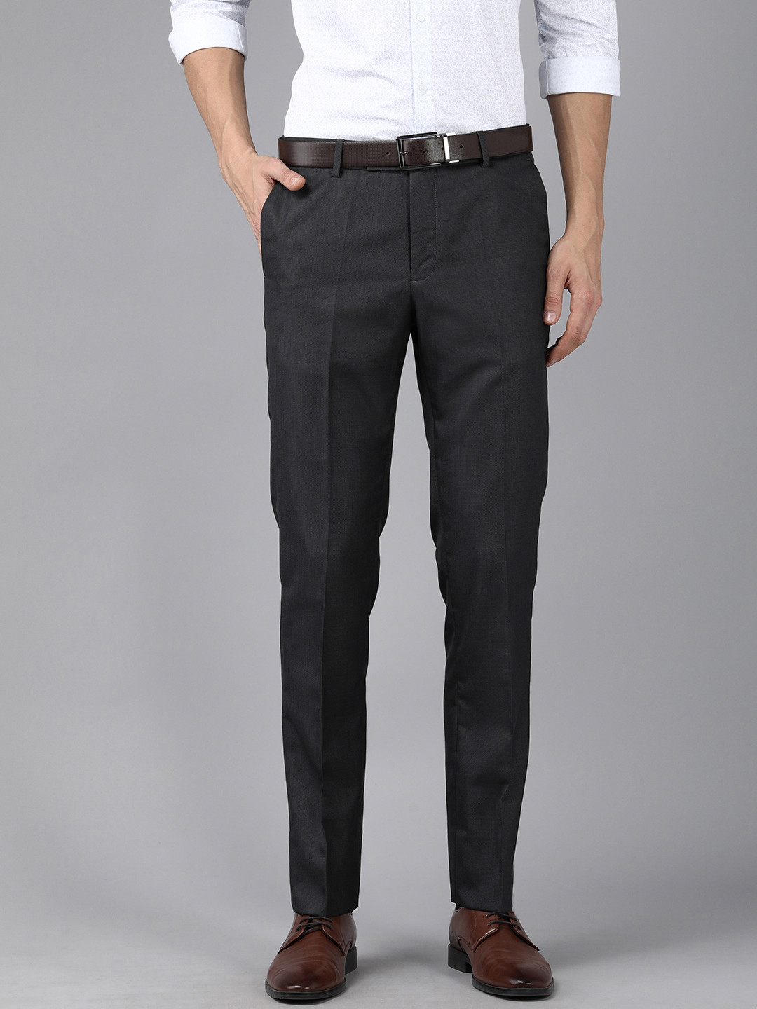 

Arrow Men Dark Grey Self Design Mid-Rise Tailored Fit Formal Trousers