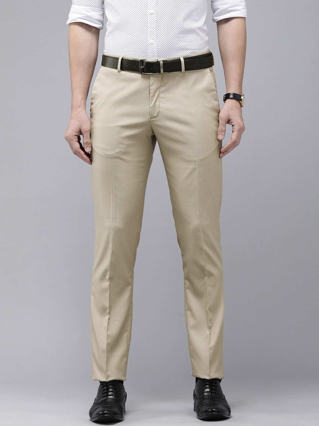 

Arrow Men Beige Self Designed Tailored Fit Formal Trousers