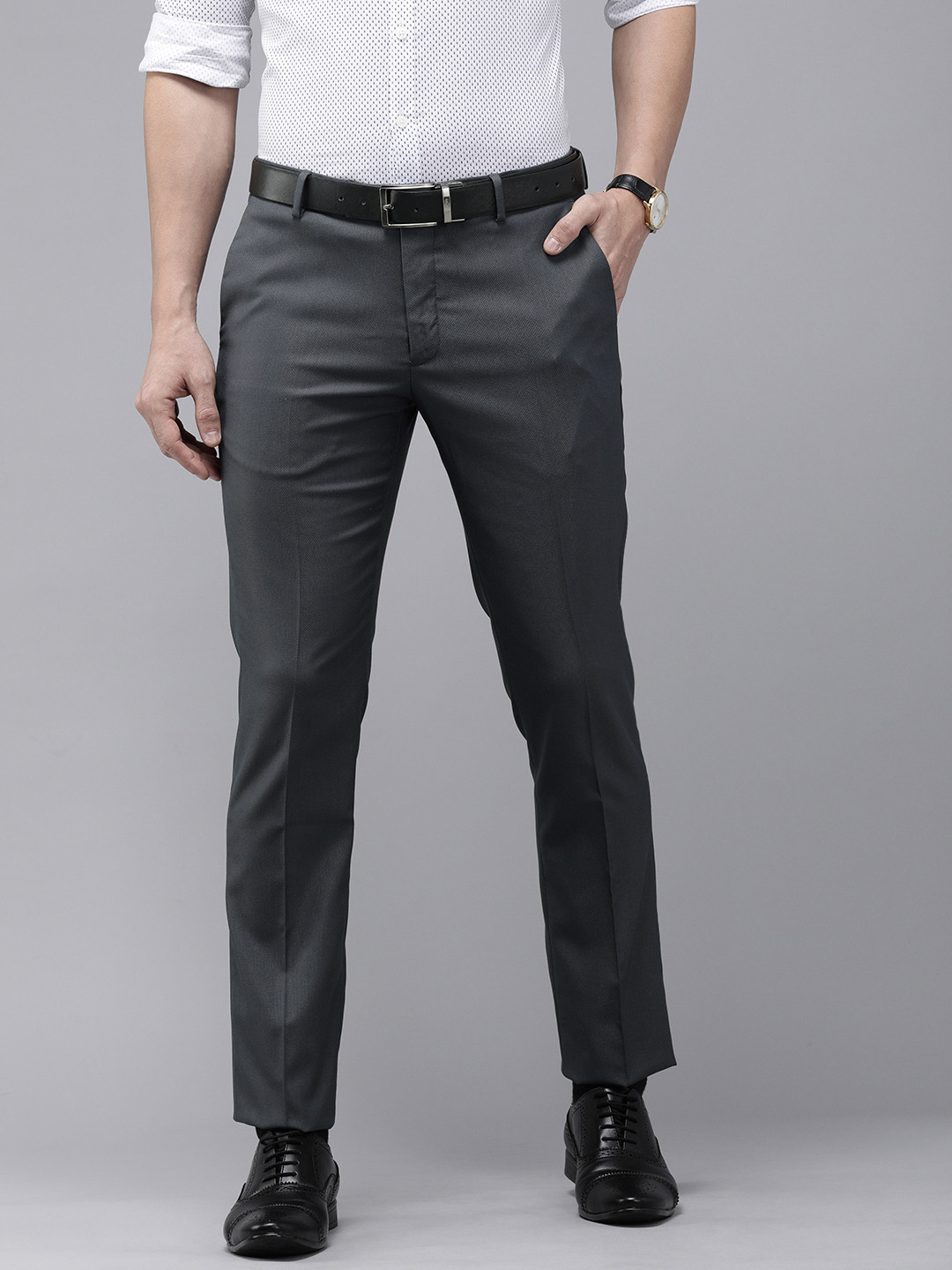 

Arrow Men Grey Self Designed Tailored Fit Formal Trousers