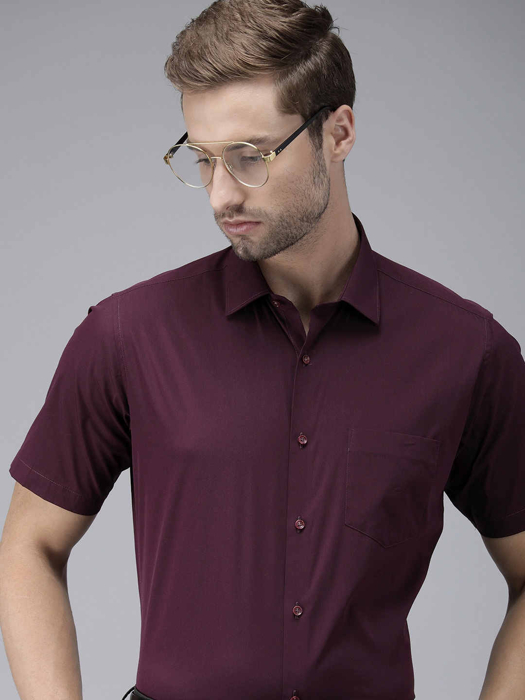 

Van Heusen Men Dark Purple Solid Standard Short Sleeves Formal Shirt