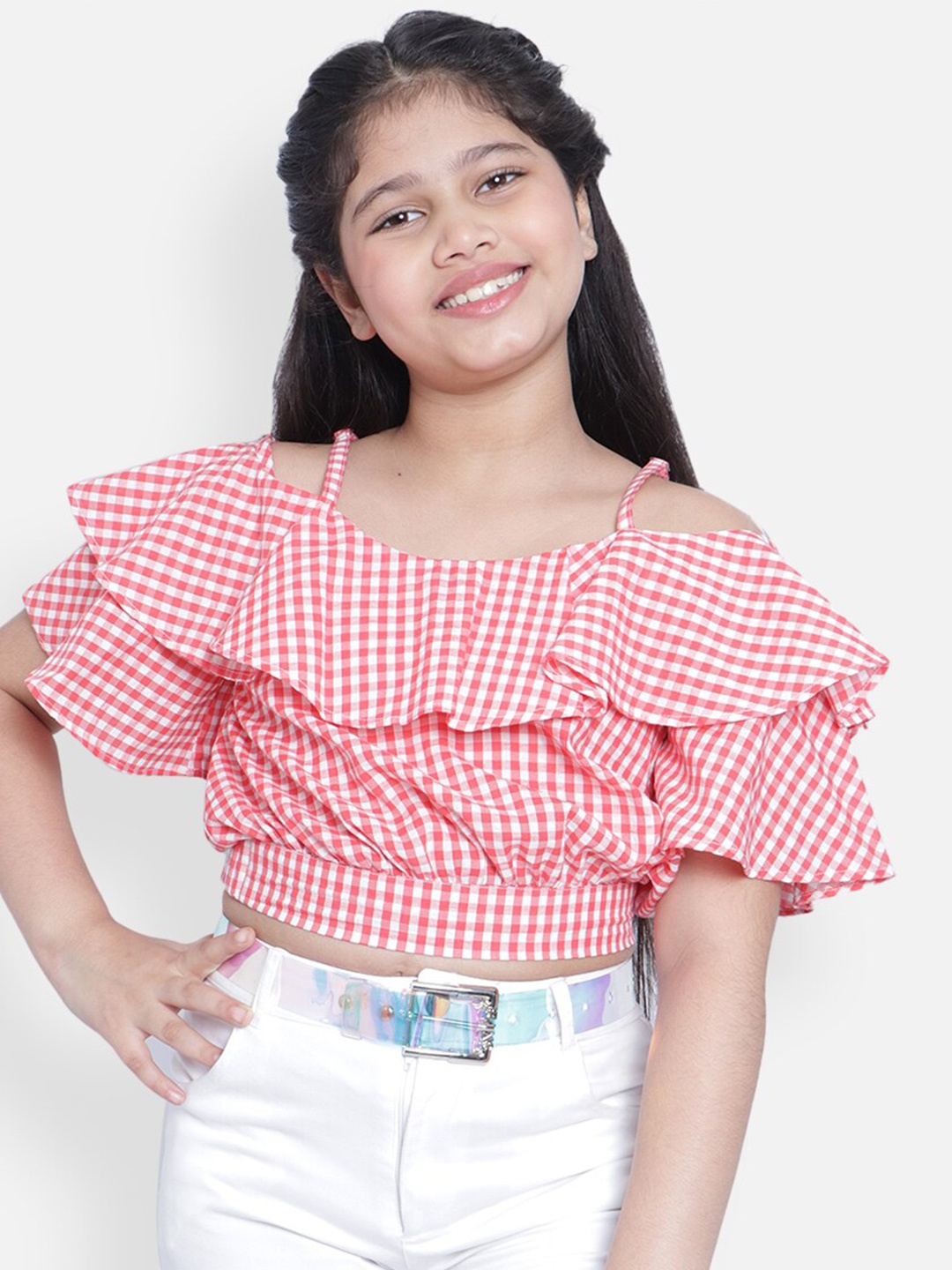 

Natilene Red & White Checked Ruffles Pure Cotton Crop Top