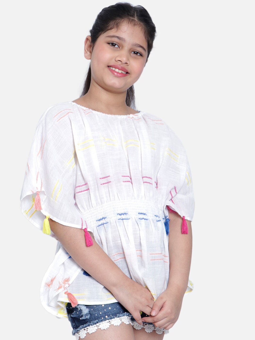 

Natilene Girls White Embroidered Smocked Pure Cotton Kaftan Top