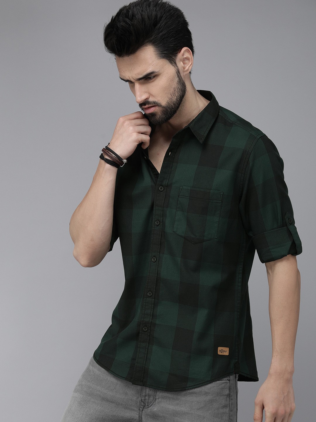 

Roadster Men Teal Green And Black Buffalo Checked Pure Cotton Casual Shirt