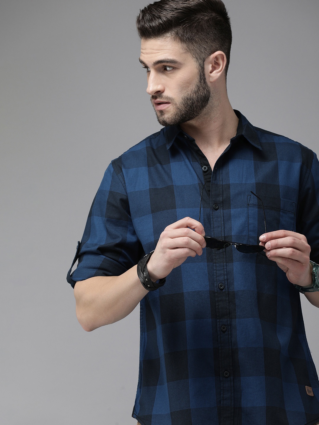 

Roadster Men Black & Blue Buffalo Checks Checked Casual Pure Cotton Shirt