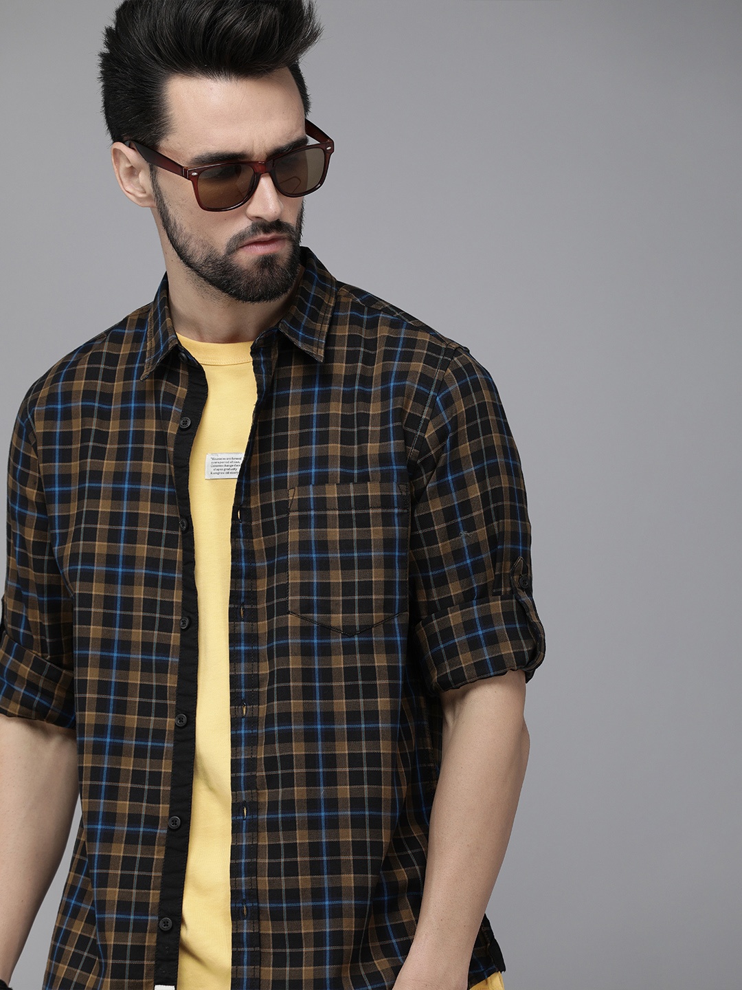 

Roadster Men Navy Blue And Brown Checked Pure Cotton Casual Shirt