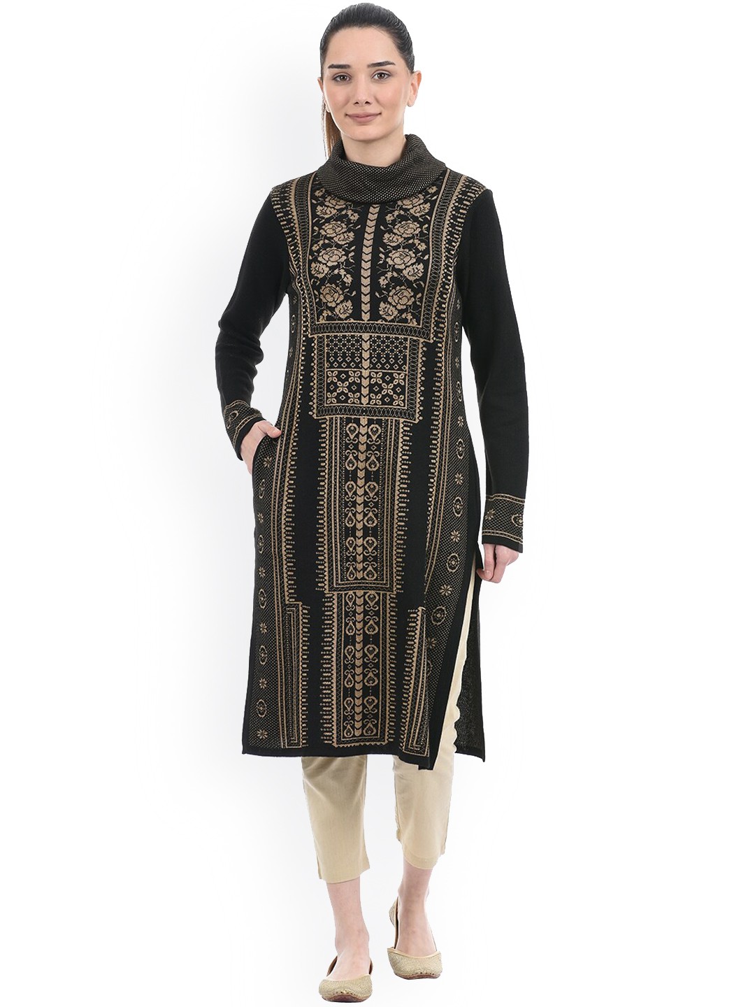 

American Eye Women Black Ethnic Motifs Printed Sweater Kurta