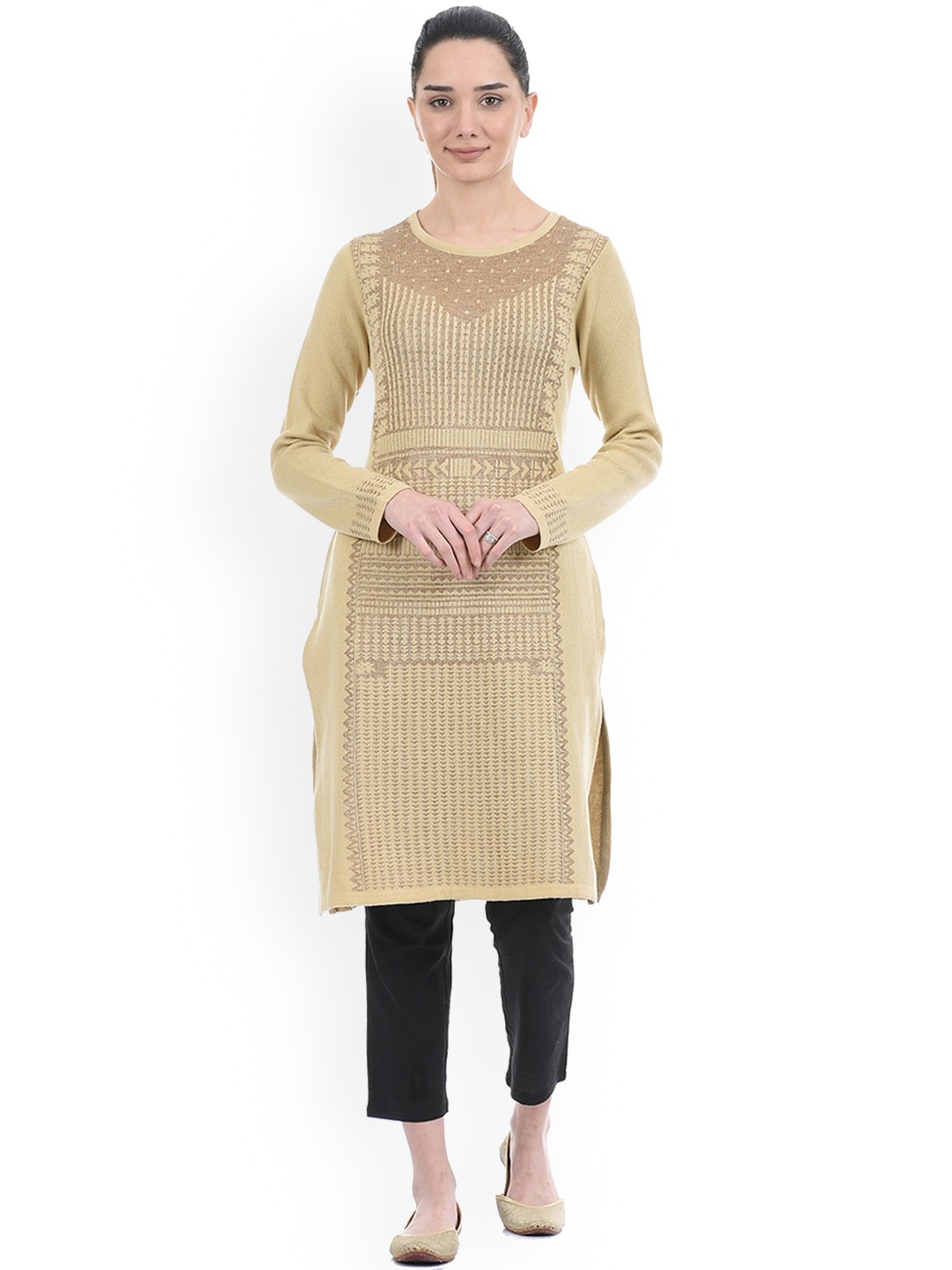 

American Eye Women Beige Ethnic Motifs Winter Sweater Kurta