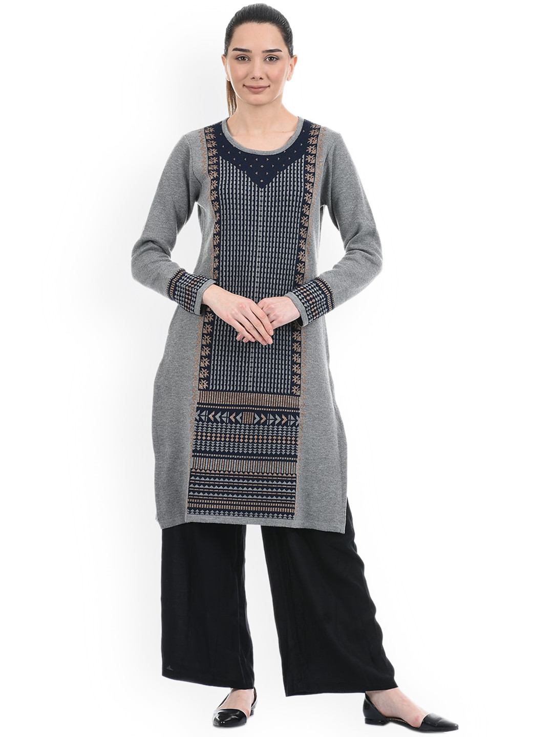 

American Eye Women Grey Geometric Thread Work Pathani Kurta