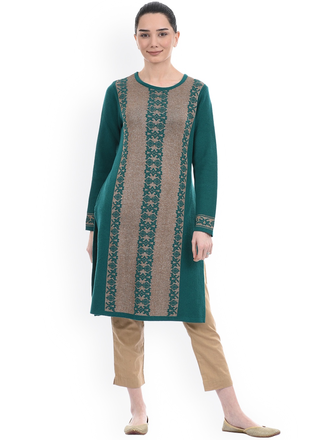 

American Eye Women Green Ethnic Motifs Woven Design Winter Sweater Kurta