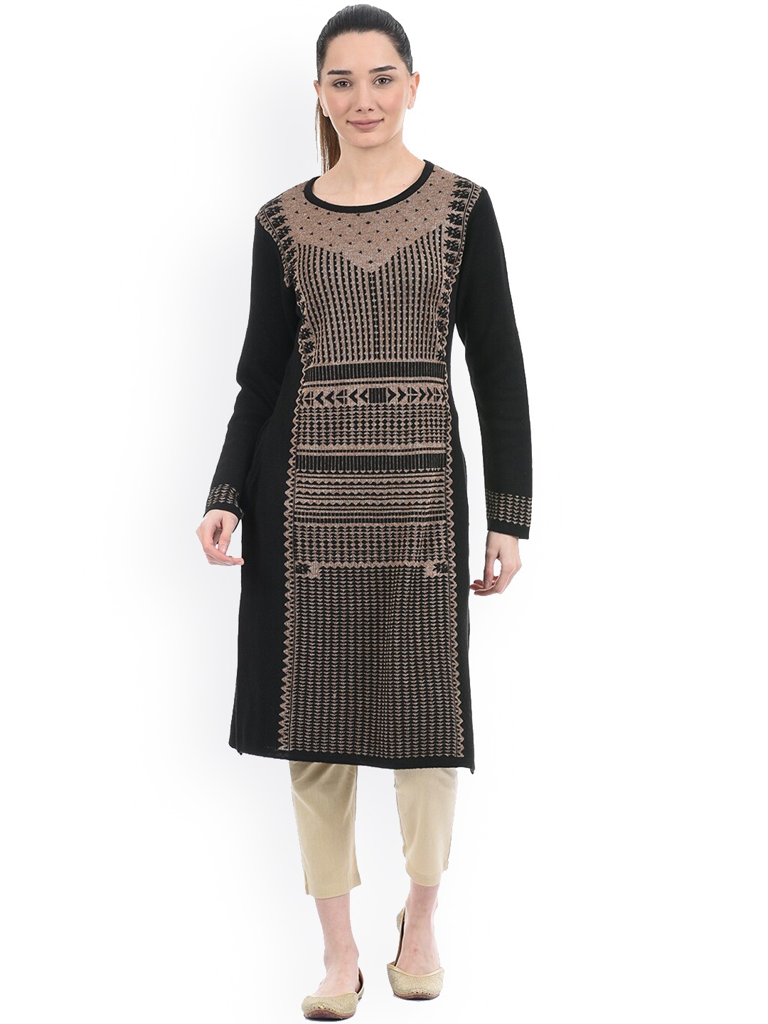 

American Eye Women Black & Beige Ethnic Motifs Winter Sweater Kurta