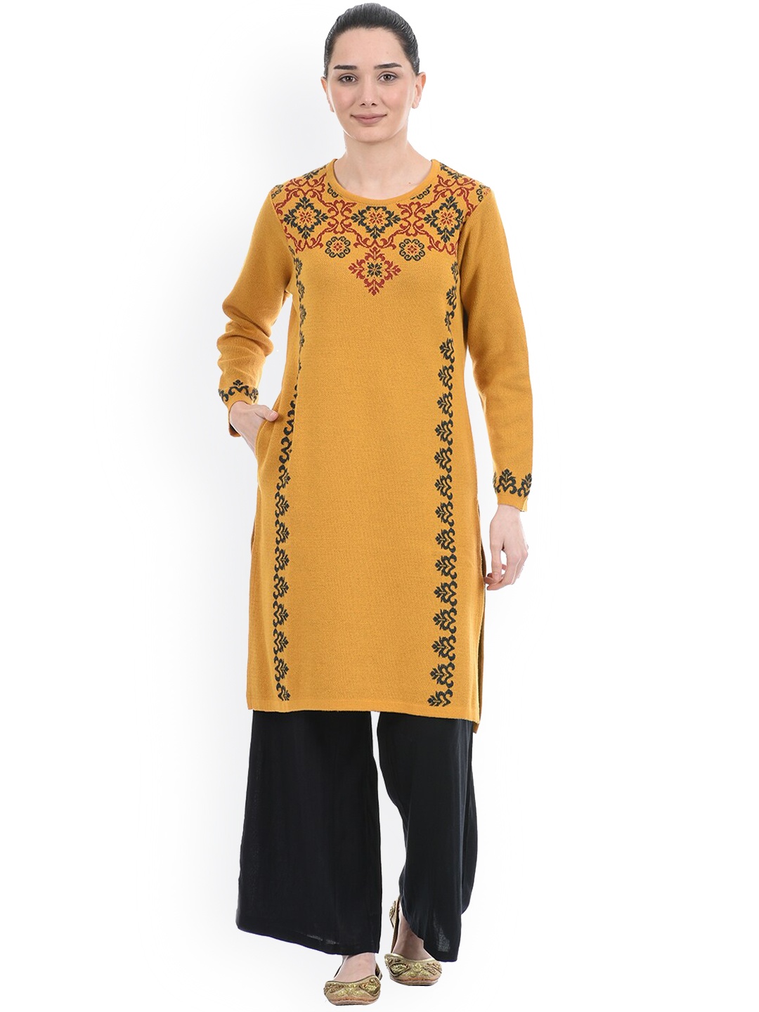 

American Eye Women Gold-Toned Floral Embroidered Thread Work Kurta