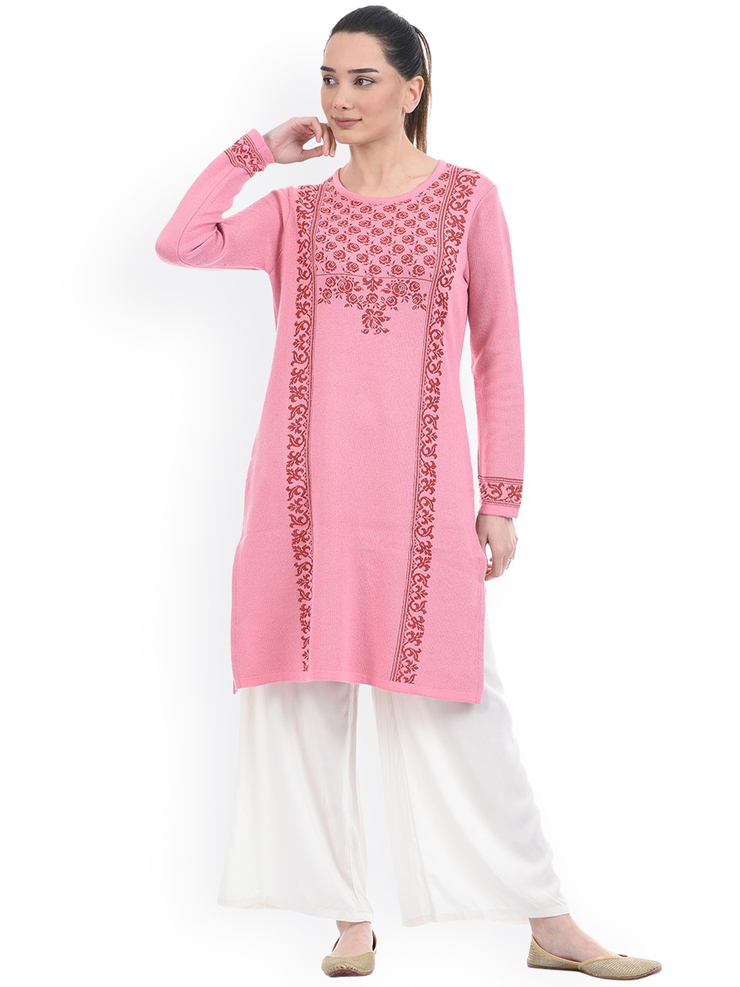 

American Eye Women Pink Ethnic Motifs Embroidered Sweater Kurta