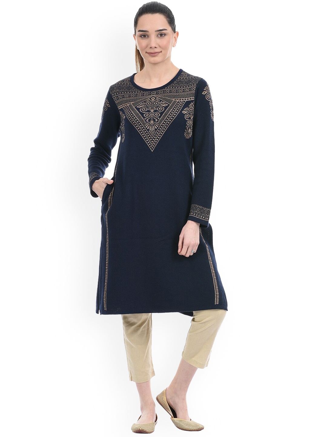 

American Eye Women Blue Yoke Design Winter Sweater Kurta
