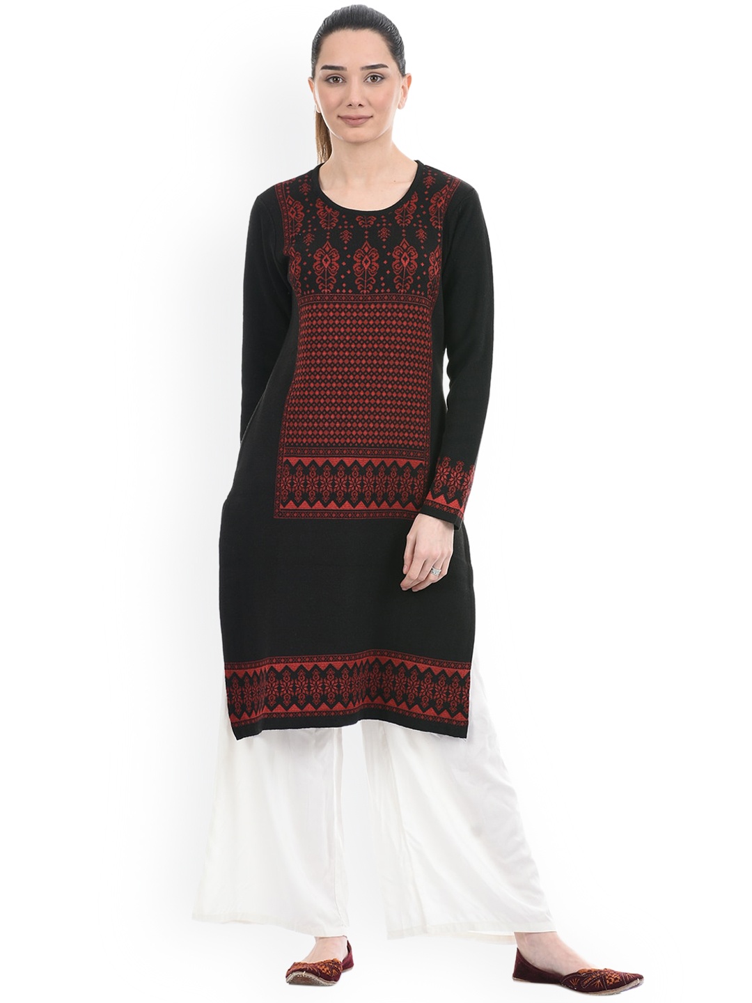 

American Eye Women Black Ethnic Motifs Thread Work Sweater Kurta