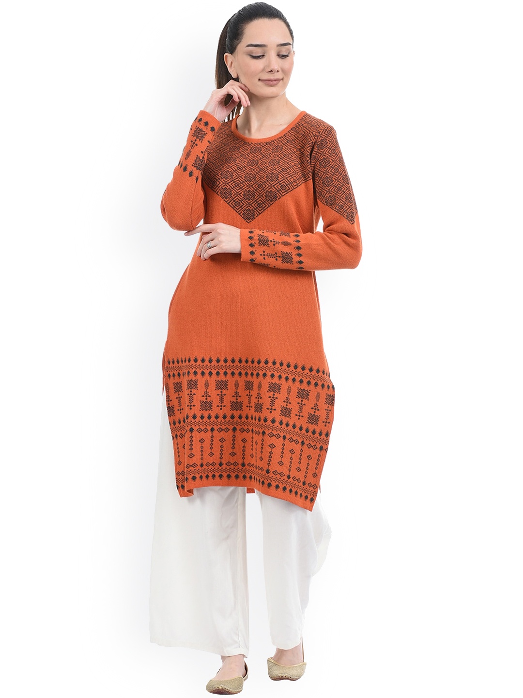 

American Eye Women Orange Ethnic Motifs Printed Winter Sweater Kurta