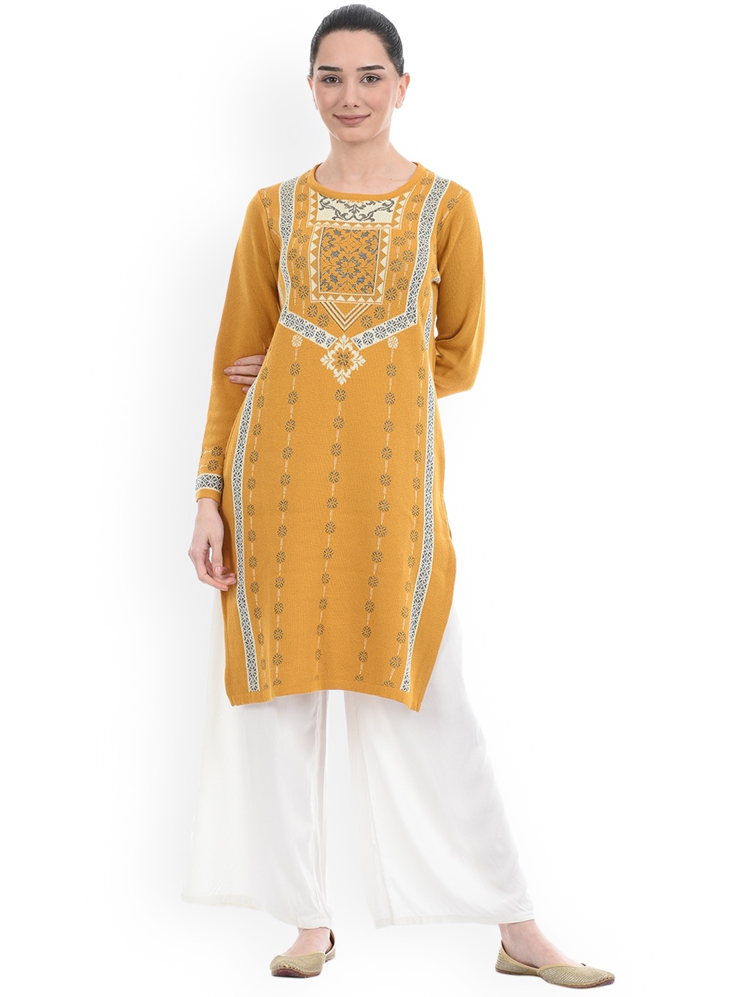 

American Eye Women Mustard Yellow Ethnic Motifs Printed Acrylic Kurta
