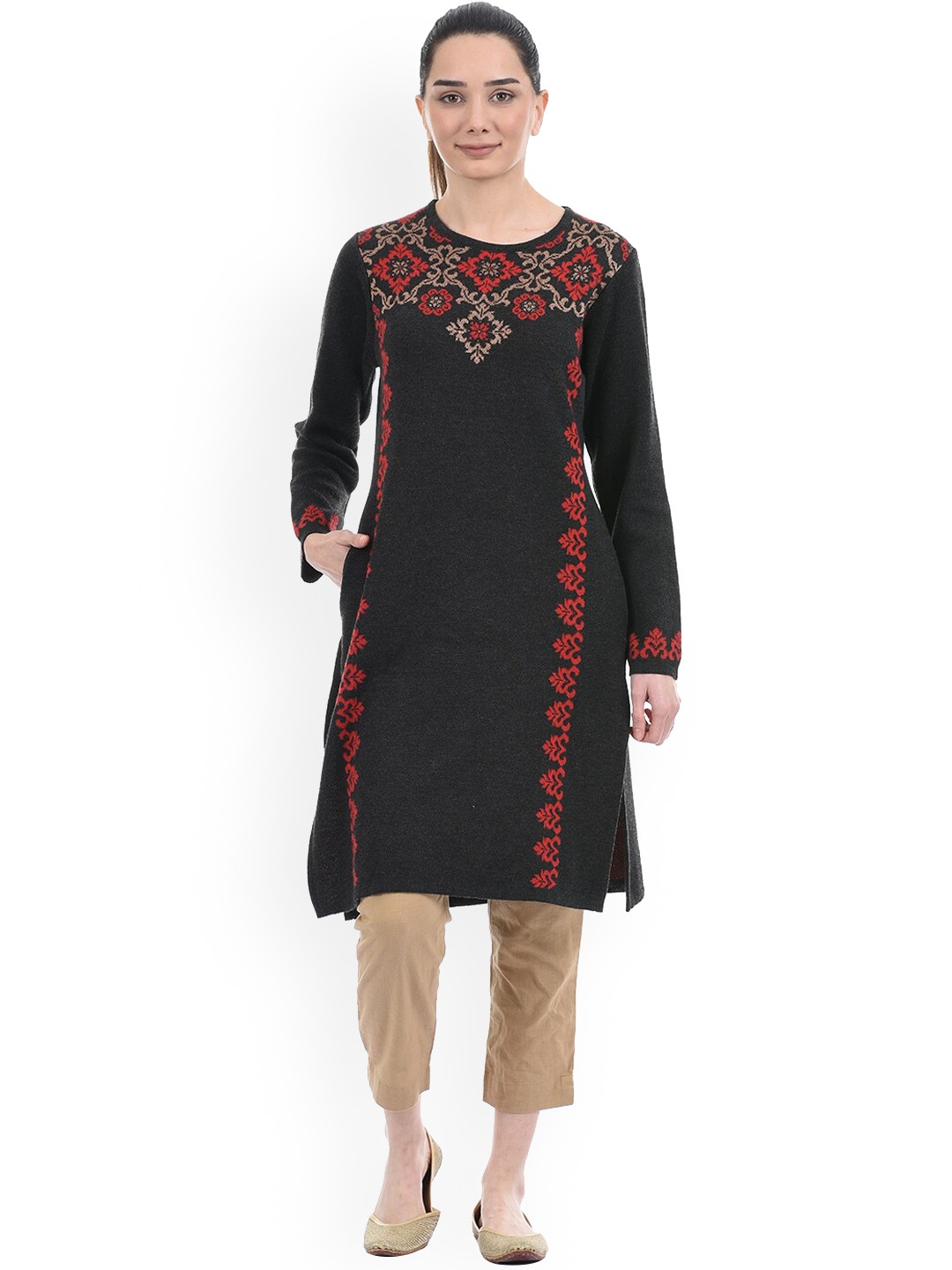 

American Eye Women Charcoal Grey Yoke Design Sweater Kurta