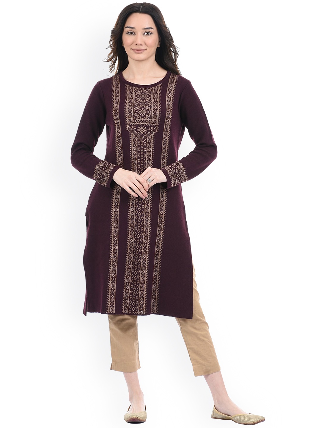 

American Eye Women Maroon Ethnic Motifs Winter Sweater Kurta