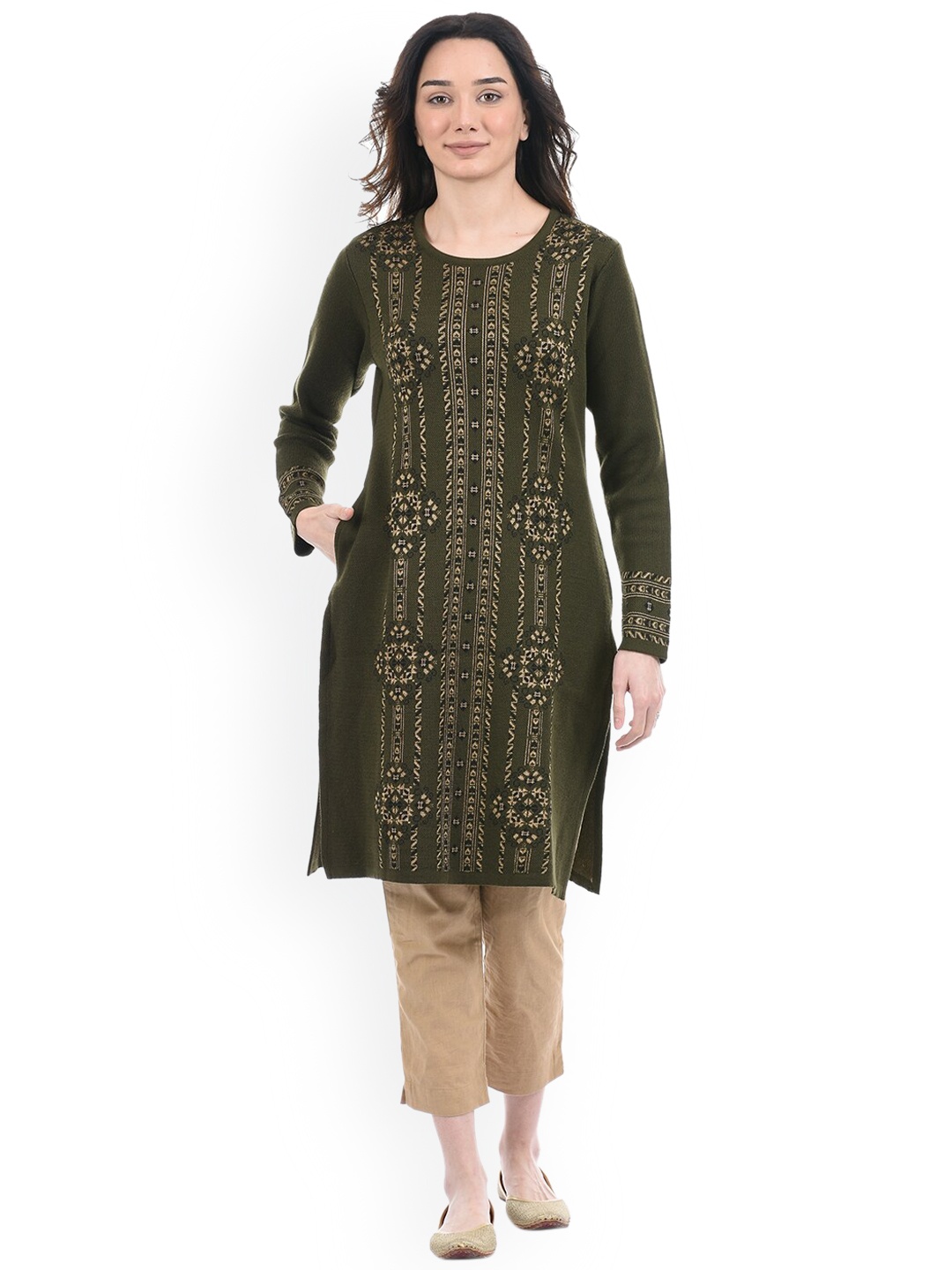 

American Eye Women Olive Green Geometric Acrylic Sweater Kurta