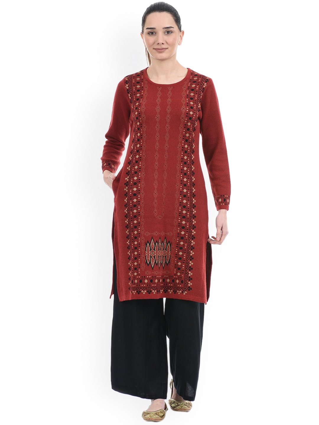 

American Eye Women Maroon Embroidered Thread Work Winter Sweater Kurta
