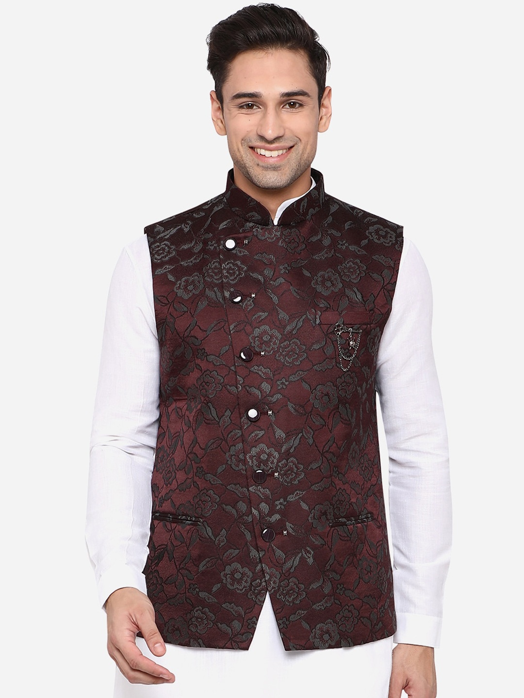

JB STUDIO Men Maroon Floral Printed Nehru Jacket